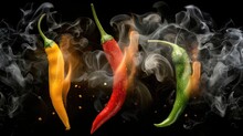 Three Various Colored Chili Peppers With Flames And Smoke On A Black Backdrop, Red Hot Chili Pepper Burns On Black Background. 
