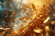 Abstract gold metallic forms soaring high in the sky, featuring fast movements and radial zoom motion blur