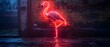 Vivid red flamingo neon sign in urban alley empty street at night. Concept Neon Signs, Urban Landscapes, Night Photography, Street Art, Creative Lighting