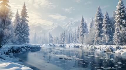 winter landscape with frozen river. AI generated