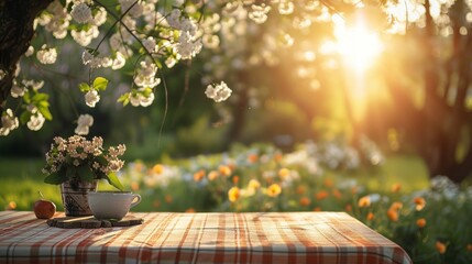 Wall Mural - a wooden table with a cup of coffee and a vase of flowers