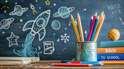 Wall Mural - Books and Pencils with Rocket Sketch for 