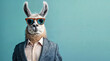 A llama wearing a suit and sunglasses on a light blue background
