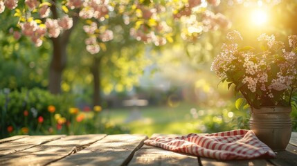 Wall Mural - A wooden table with a cup of coffee and a vase of flowers