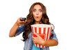 © deagreez - Close up photo beautiful her she lady hold big large popcorn box stupor staring oh no expression change channel wear blue teal green short dress jeans denim jacket clothes isolated yellow background