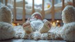 A serene newborn baby wrapped in a white blanket, lying comfortably in a bassinet with soft toys and warm lighting.