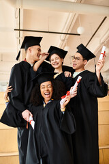 Wall Mural - A group of multicultural students in graduation gowns, celebrating their academic success while posing for a picture.