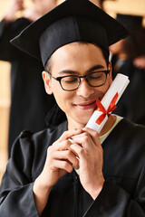 Wall Mural - Asian man wearing a graduation cap and gown smiling while holding a diploma in his hand.