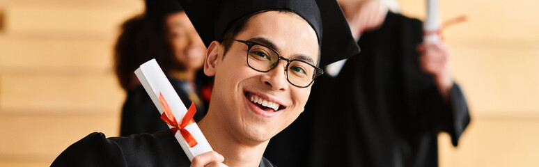 A diverse group of students in academic gowns and caps celebrate graduation, holding diplomas with smiles of accomplishment.