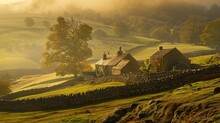 Golden Misty Light On Old Stone Walls And Rolling Hills Of The Rural English Countryside Pastoral Landscape