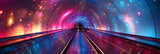 Fototapeta Fototapety przestrzenne i panoramiczne - High-speed light trails through the tunnel, 3d colorful blue red pink oraange glowing grid tunnel with black hole, Cosmic wormhole. Abstract colorful tunnel banner