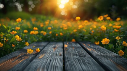 Wall Mural - A wooden table with a view of a field of yellow flowers