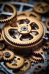 A close-up of gears and cogs in a factory machine