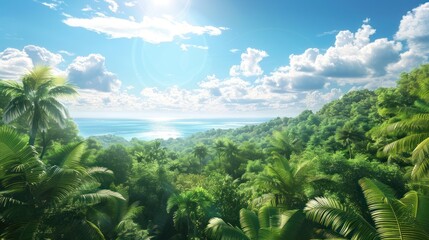 Wall Mural - Green jungle under blue sky, amazing clouds and ocean in the background