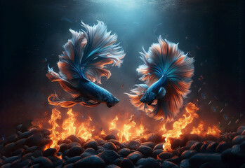 Wall Mural - betta, two, siames fighting fis, fighting fish, fish, action, animal, aquarium, aquatic, art, beauty, biology, color image, colorfull, colours, crumpled, elegance, elegant, enjoyment, exotic, eye, fan