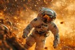 An astronaut in a space suit is engulfed in a cloud of Martian dust, emphasizing the harsh conditions of space exploration.