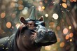 Happy cute animal friendly Hippopotamus wearing a party hat celebrating at a fancy newyear or birthday party festive celebration greeting with bokeh light and paper shoot confetti surround party