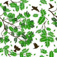 Wall Mural - Seamless background of twigs with green leaves and with birds. Hand drawing. Not AI. Vector illustration.