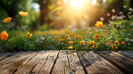 Wall Mural - A wooden table with a cup of coffee and a vase of flowers