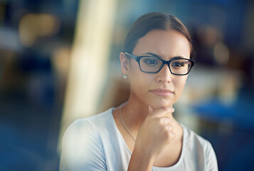 Canvas Print - Woman, glasses and closeup with confidence and thinking with vision, idea or planning for hr. Female employee and specs with hand for thought in office, onboarding or staff for workforce in Atlanta