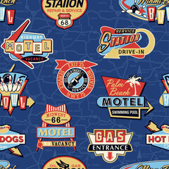 Wall Mural - vintage motel bowling car service sign board patchwork wallpaper abstract vector seamless pattern fo