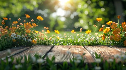 Wall Mural - A wooden table with a cup of coffee and a vase of flowers