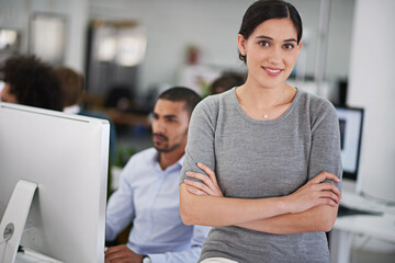 Sticker - Woman, desk and arms with colleague or computer for work, technology in workplace for brand. Female employee and confidence with smile in office for job, content creator or web designer and happy