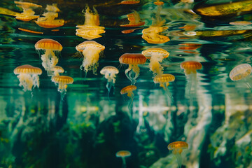 Wall Mural - a group of jelly like objects floating in a body of water with green and blue water in the background and a yellow object in the middle of the bottom of the photo.