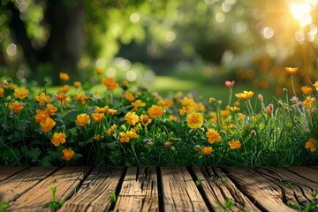 Wall Mural - A wooden table with a cup of coffee and a vase of flowers