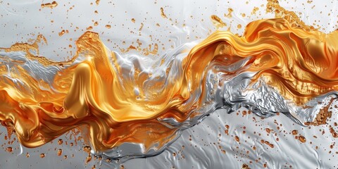 Poster - Gold and silver metallic abstract with a liquid-like appearance, set on a white background.