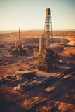 Fototapeta  - An aerial view of multiple oil rigs in operation in the middle of a desert. The rigs are extracting oil from deep underground reserves, surrounded by dusty terrain under a clear sky