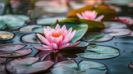 Beautiful pink waterlily or lotus flower in pond