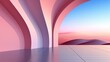Pink and blue room with curved wall space, pink color striped no people