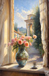 Still life with roses in a glass vase and a cup of coffee, standing at an open window with a beautiful view of an old villa and valley. All are brightly illuminated by the morning sun. Oil painting.