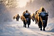 AI generated illustration of a herd of bison trekking beside snowy road