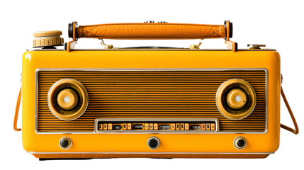 Vintage yellow portable radio with orange carrying strap against a neutral background, reminiscent of mid-20th century design.