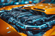 Luxury orange sports car with open hood showcasing engine. Automotive industry and engineering concept. Close-up of high-performance vehicle design with sharp focus on details