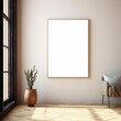 White canvas frame hanging on the wall of a cozy living room, AI-generated.