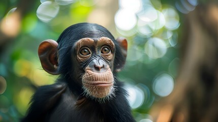 a young chimpan is staring at the camera with bright sunlight in the background