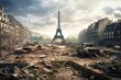 AI generated illustration of the iconic Eiffel Tower in a landscape of dilapidated buildings