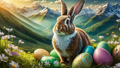 Wall Mural - Elegant Rabbit Among Sparkling Easter Eggs And Spring Flowers With Luminous Background.