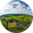 Ausblick auf Diedorf und das Schmuttertal im Naturpark Westliche Wälder bei Augsburg, Little Planet-Ansicht, freigestellt