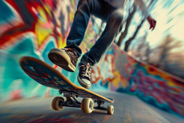 Wall Mural - AI generated illustration of a skateboarder on pavement with vibrant graffiti walls in background