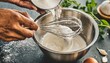 AI generated illustration of a person using a whisk to blend flour in a bowl