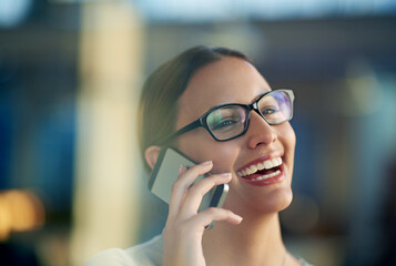 Fototapete - Woman, glasses and phone call at office for business with communication, talking and graphic design. Workplace, agency job and mobile in hand for speaking conversation, internet and creative company