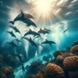 AI generated illustration of dolphins gracefully glide near a vibrant coral reef in the ocean