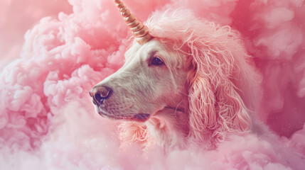 A white dog stands with a long horn protruding from its head amidst a swirling cloud of pink smoke