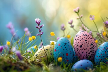 AI generated illustration of Easter eggs in grass with sunlight beam