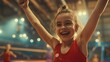 Young girl gymnast excels in her final pose after a demanding floor routine, AI-generated.