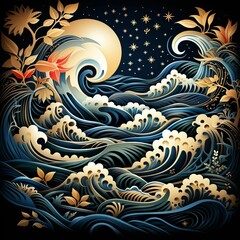 Wall Mural - the moon and some waves are shown here with gold flowers in this photo